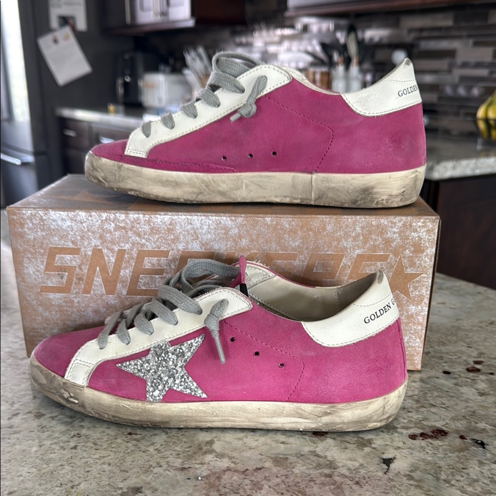 Golden Goose Fuchsia/Pink Sneakers with Silver Glitter Star Sz 37